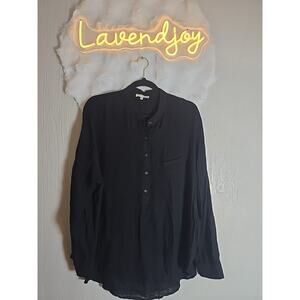 Pleione Oversized Black Chiffon Collared Popover Pocket Blouse Womens Large